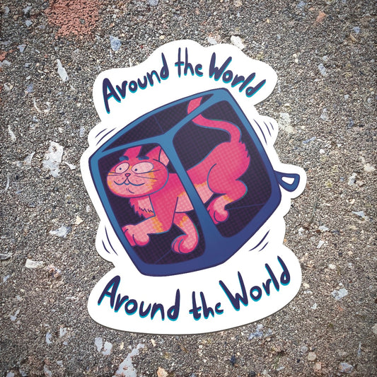 “Around the World” Hand-Drawn Original Illustrated Sticker || Cat Meme || Daft Punk